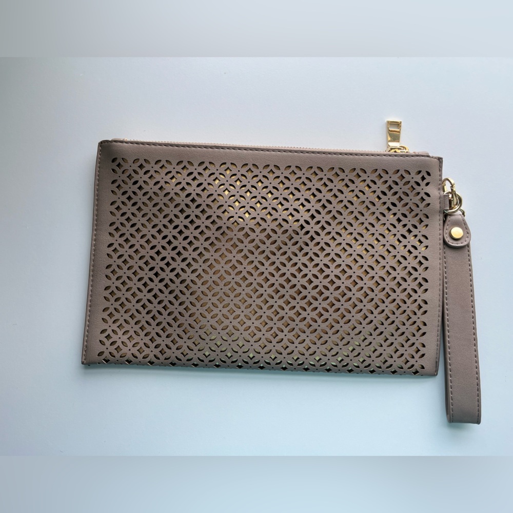 Madison West Taupe Faux Leather Double Layer with Gold Clutch - Picture 2 of 4